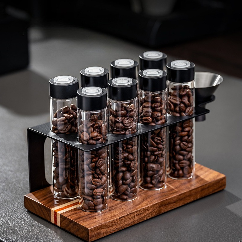 Commercial Kitchen Organization - ขวดแก้วเก็บเมล็ดกาแฟ JUSTINLAU พร้อมวาล์วปิดผนึก 1 ทาง ชั้นวางไม้พร้อมกรวย
