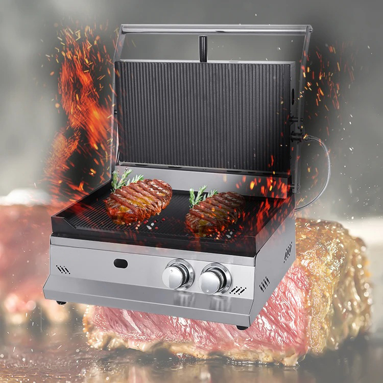 Sandwich Press Panini - เครื่องทำแซนวิชแบบกดรุ่นใหม่ เครื่องทำพานินี่ เครื่องทำแฮมเบอร์เกอร์แบบใช้แก๊ส 2 หัวเตา พร้อมพื้นผิวแบบร่องเต็มรูปแบบ