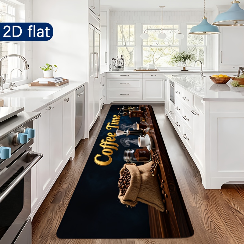 Commercial Kitchen Mats Anti Fatigue - พรมปูพื้นลายกาแฟวินเทจ ลายเมล็ดกาแฟและแก้วกาแฟ กันน้ำ ลดอาการเมื่อยล้า กันลื่น พรมยาวสำหรับพื้นห้องครัว