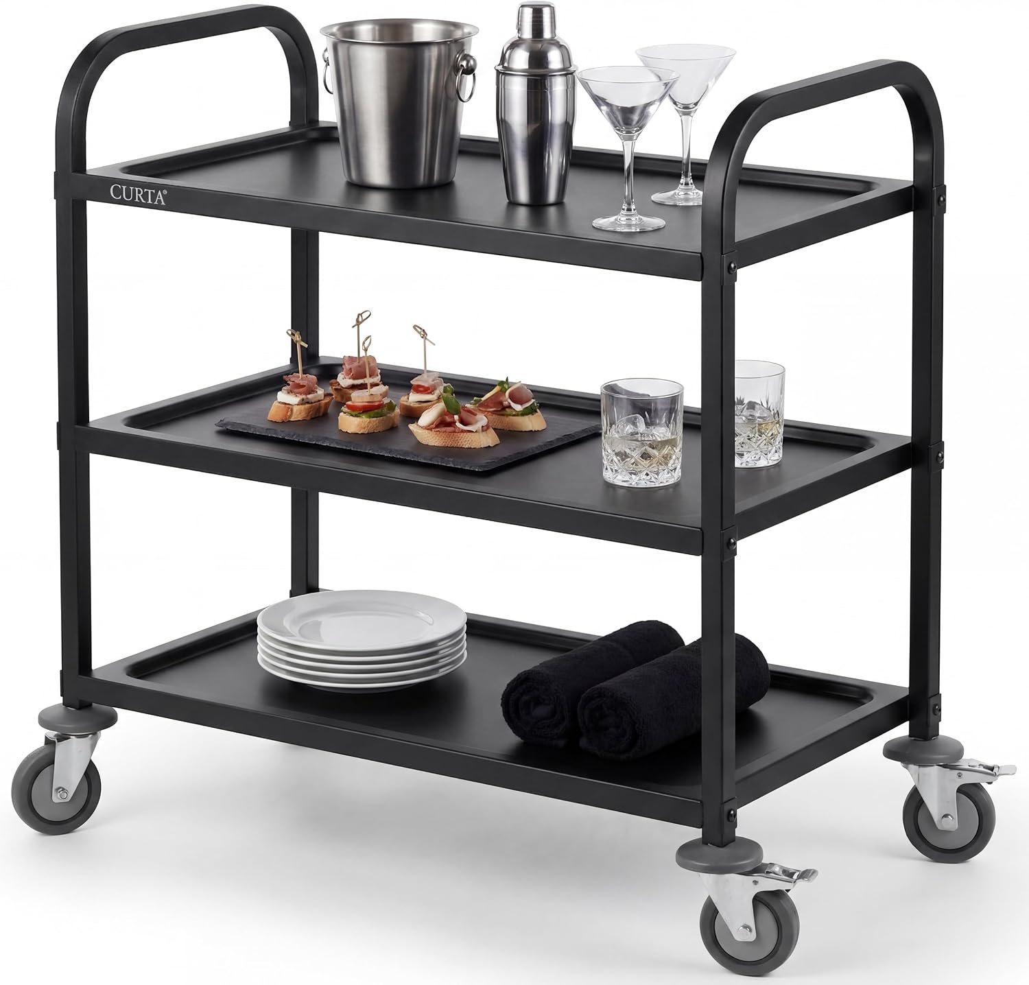 Commercial Kitchen On Wheels - รถเข็นเสิร์ฟอาหารสแตนเลสสีดำ 3 ชั้น รถเข็นอเนกประสงค์แบบมีล้อ รถเข็นครัวแบบหนาพิเศษพร้อมเบรก ชั้นวางของเกรดเชิงพาณิชย์