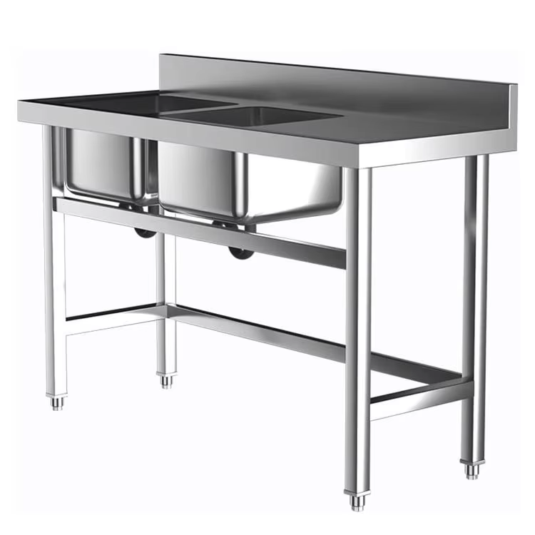 Commercial Kitchen Table - อุปกรณ์ครัวโรงแรมเชิงพาณิชย์ อ่างล้างจานสแตนเลสสองหลุม พร้อมโต๊ะทำงาน รูปทรงสี่เหลี่ยม และสองรู