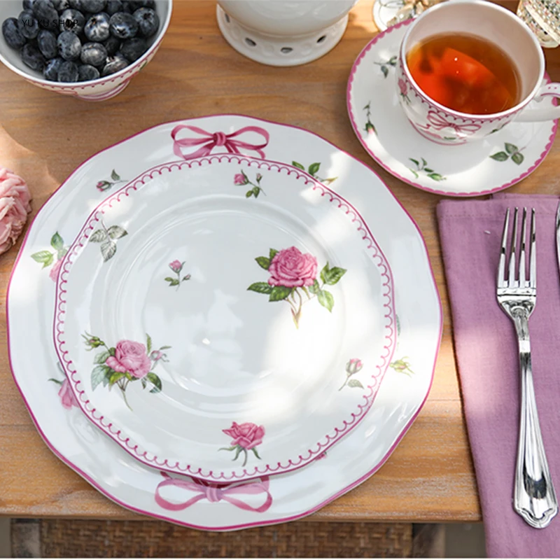Commercial Kitchen Table - French Rose ช้อนส้อม Bone China ชามถ้วยเซรามิคจานขนมหวานจานสลัดชามสูงอาหารเย็นบนโต๊ะอาหารชุดโต๊ะรับประทานอาหาร