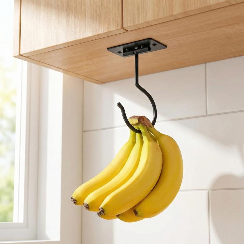Commercial Kitchen Organization - ตะขอแขวนกล้วยแบบติดผนังโลหะสีดำ พับเก็บได้ ช่วยประหยัดพื้นที่ ใช้จัดระเบียบอาหารในตู้ครัว 1-2 ชิ้น